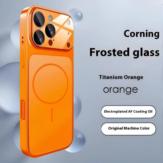 Frosted tempered glass iPhone case with magnetic ring on back, shown in titanium colour.