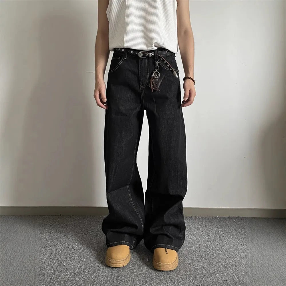 Black retro wide-leg jeans with straight leg cut and mid-waist design