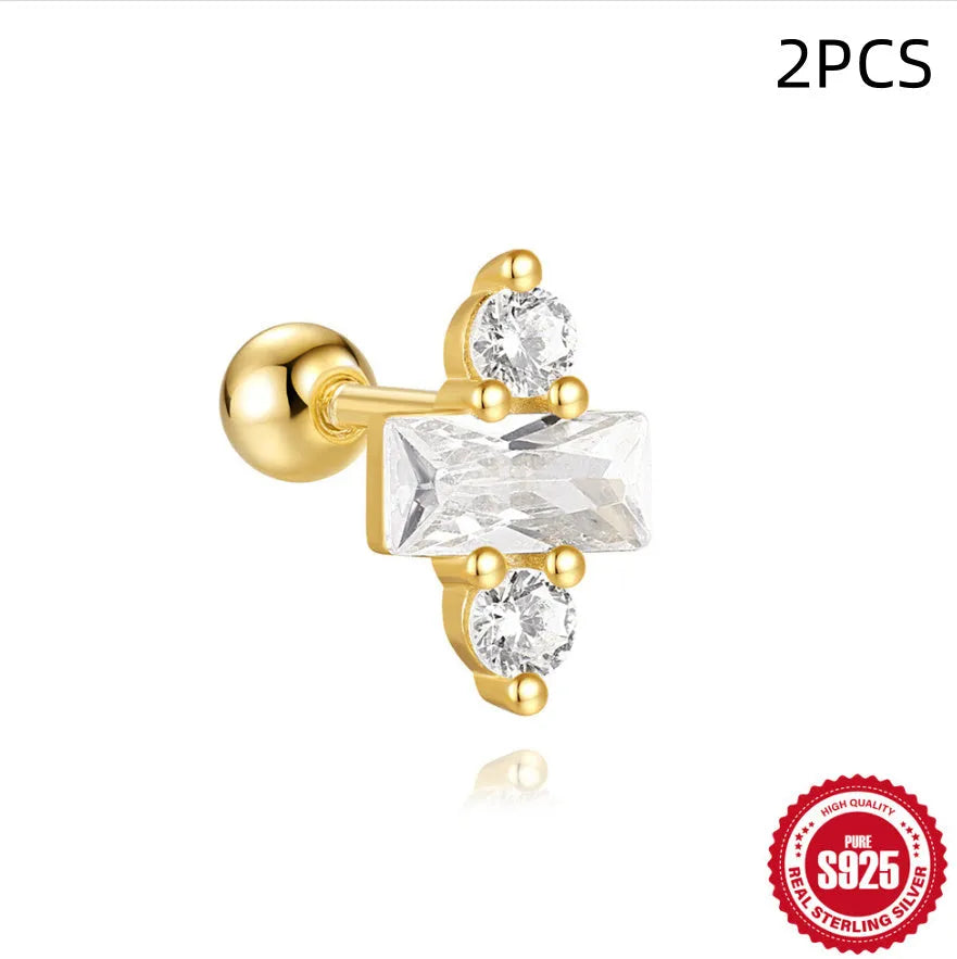 S925 sterling silver floral stud earrings with square gravel detail in a golden electroplated finish.
