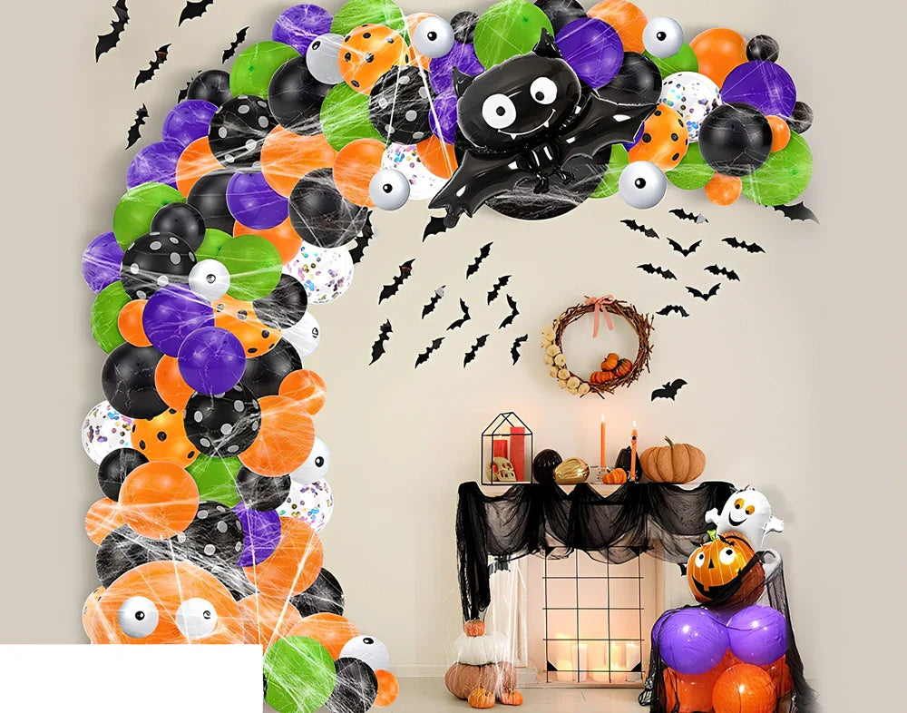 Halloween latex balloon set with bat designs, 12-inch black and orange balloons, 10m chain, and ribbons for party decor