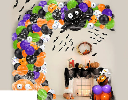 Halloween latex balloon set with bat designs, 12-inch black and orange balloons, 10m chain, and ribbons for party decor