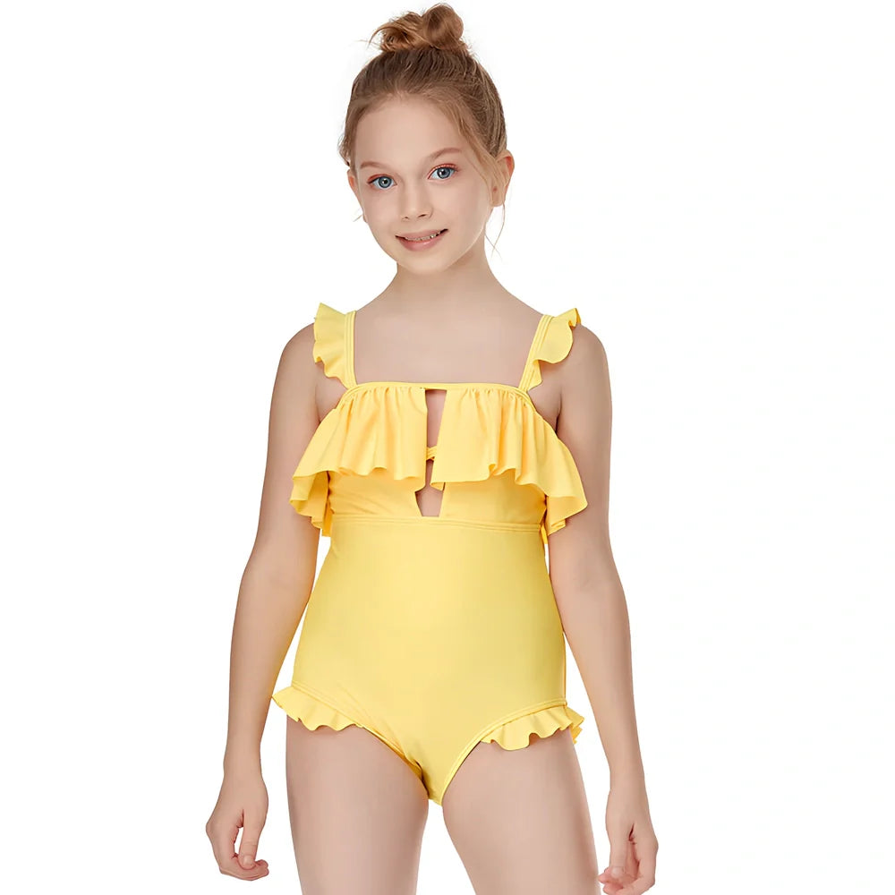Girls' one-piece swimwear with lattice floral patterns showing 40% stretch elasticity