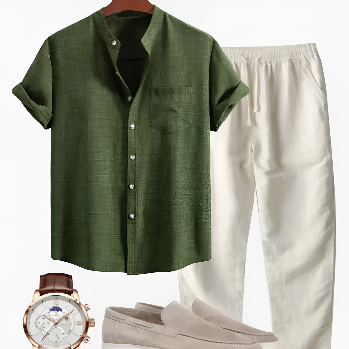 Men's blue slim-fit short-sleeved shirt with stand collar, part of a casual set with pants and shoes.