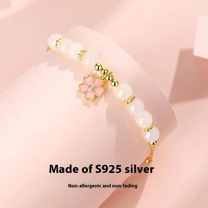 Women's silver gradient epoxy cherry blossom pendant beaded bracelet with Hetian jade, 925 silver purity sweet floral style gift for travel commemoration