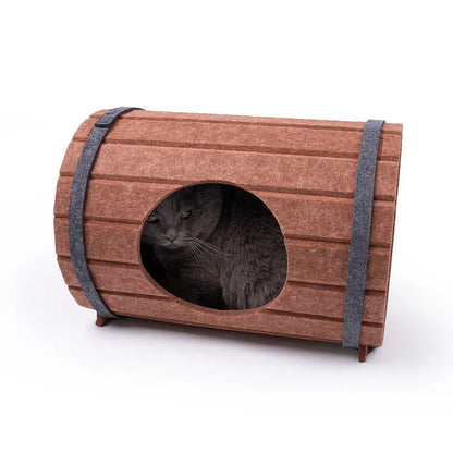 Assembled brown polyester fibre felt wine barrel cat bed for pets