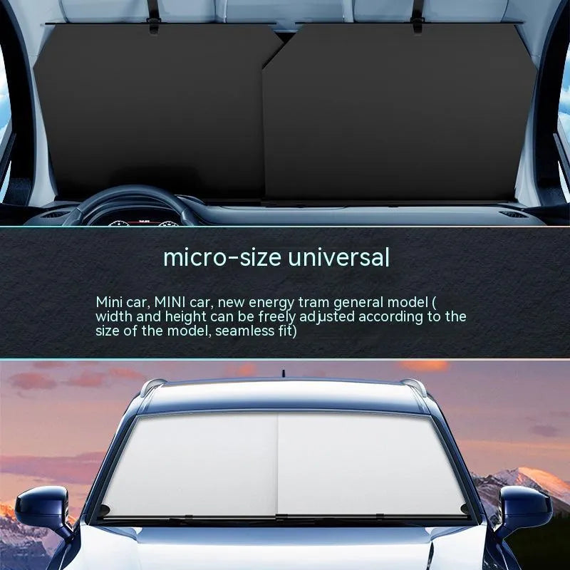 Automatic retractable car sunshade showing Oxford cloth material and retraction mechanism