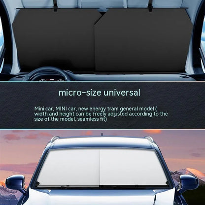 Automatic retractable car sunshade showing Oxford cloth material and retraction mechanism