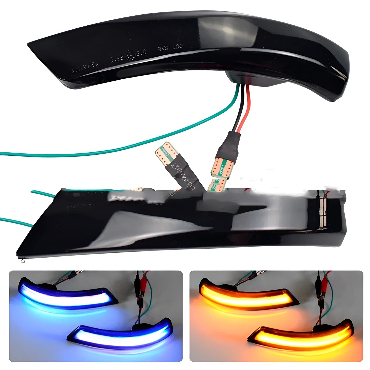 A pair of ABS rearview mirror waterfall lights for Ford Focus and Mondeo, showing blue and yellow two-tone LED option.