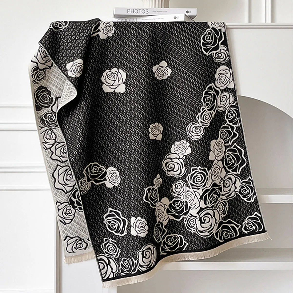 Imitation cashmere scarf with tassel fringe in grey, black, blue, or khaki colours measuring 185x65cm