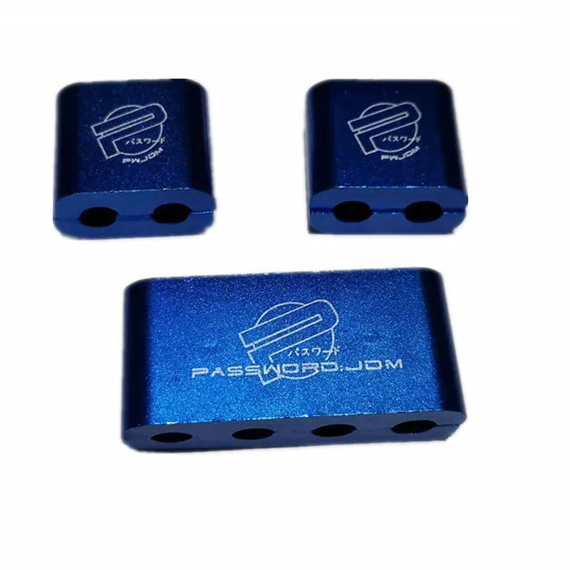 Three-piece metal car fastening clamp shown in six colour options: red, blue, silver, black, purple, gold.