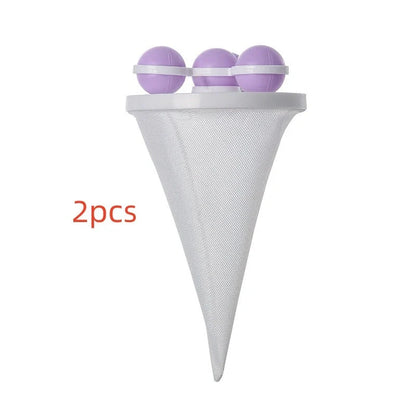 Ultra-fine mesh washing machine lint catcher in purple, blue, and pink