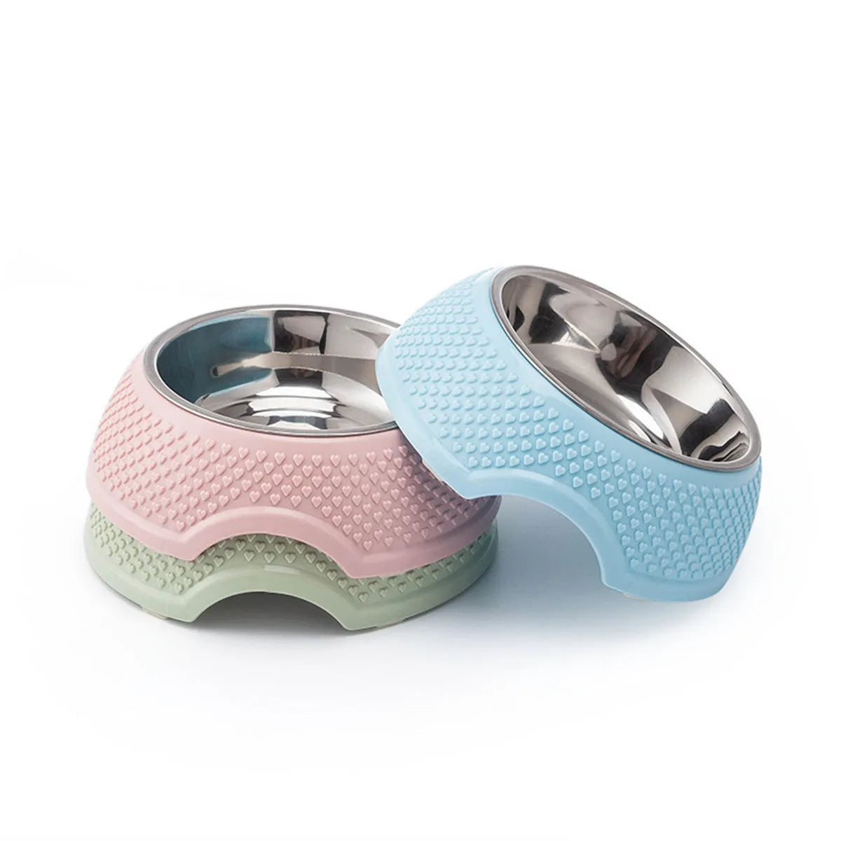 Blue stainless steel pet bowl with non-slip weighted base on a plain surface.