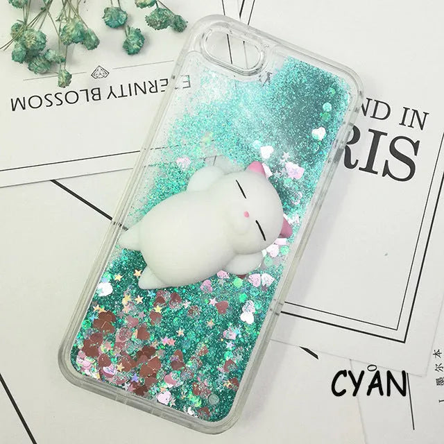 Quicksand squeezing toy iPhone case in TPU with cartoon animal design, shown in pink, cyan and purple shells