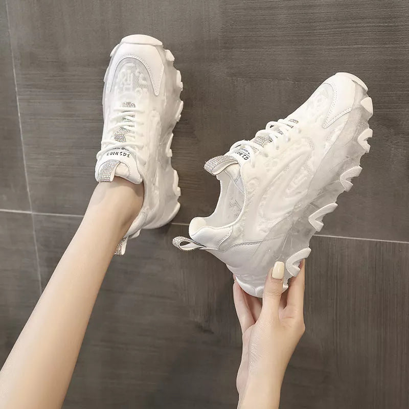 Daddy Shoes Thin Section Breathable White Net Casual Sports Shoes in white and pink