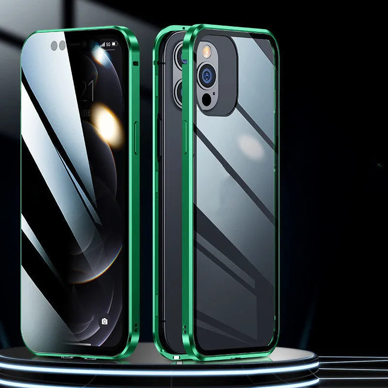 Double sided magnetic glass phone case in silicone for iPhone, available in black, red, silver, gold, dark green, emerald green and blue.