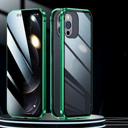 Double sided magnetic glass phone case in silicone for iPhone, available in black, red, silver, gold, dark green, emerald green and blue.