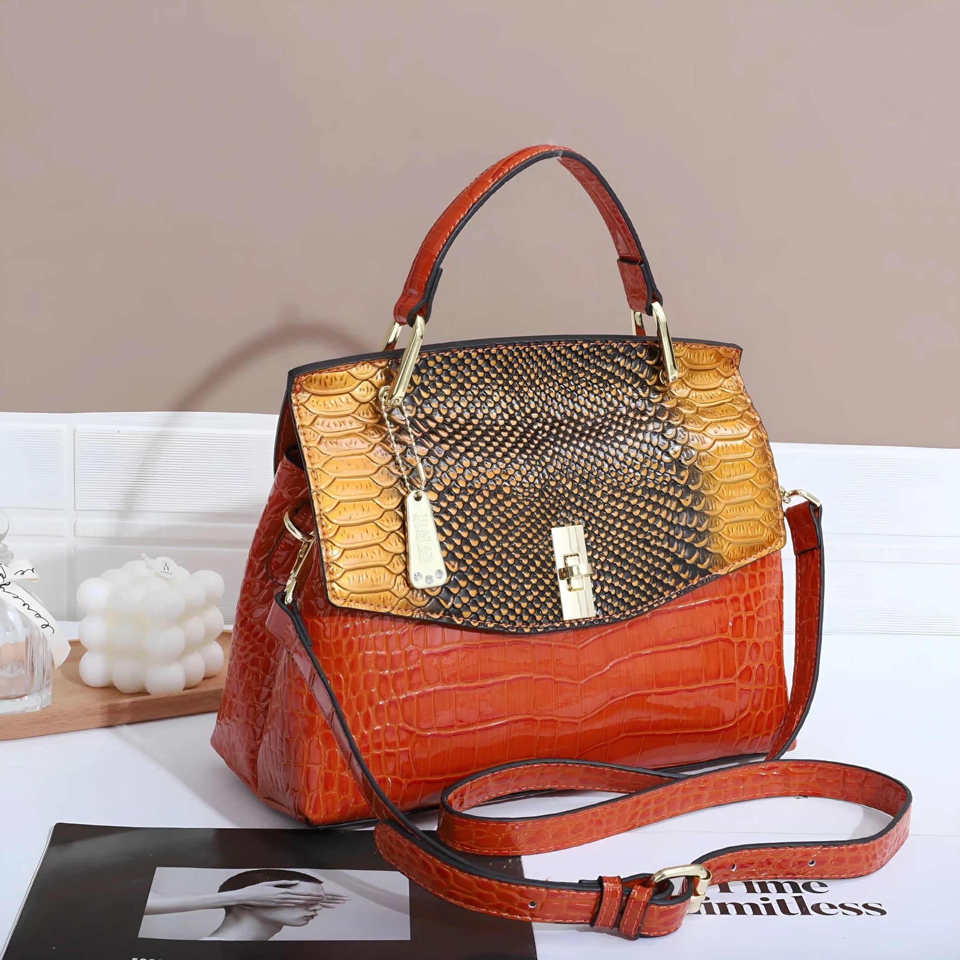 Women's colourful crocodile pattern crossbody handbag with snake print in horizontal square shape
