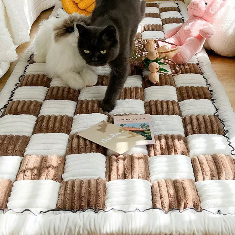 Plush Bedside Mats Non-slip Rectangular Carpet in deep coffee color