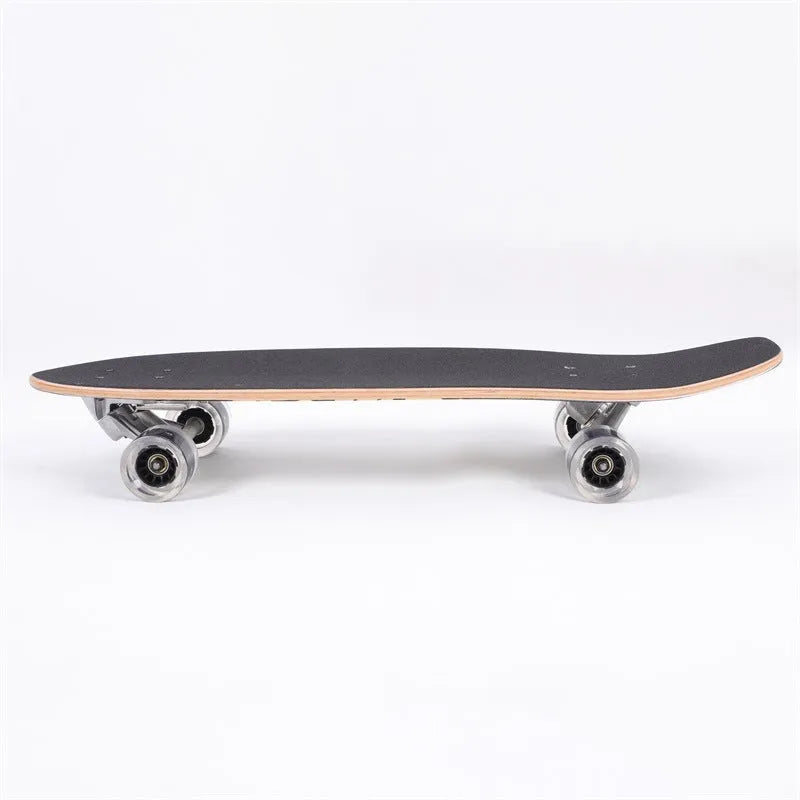 White 31-inch maple wood street scooter on pavement, showing non-folding cruiser design.