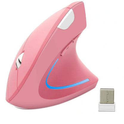 Pink vertical office mouse showing 57-degree angle, six buttons, and USB wireless receiver