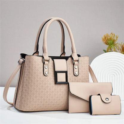 Textured PU leather three-piece women's crossbody bag in a square vertical shape, shown in apricot colour.
