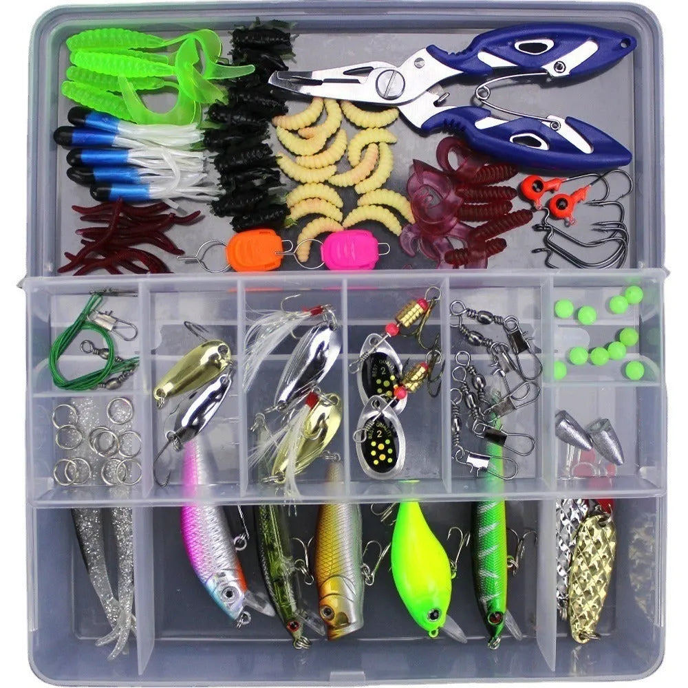 Junior fishing lure suit set in PP plastic box with multiple bait designs including thunder frog lures