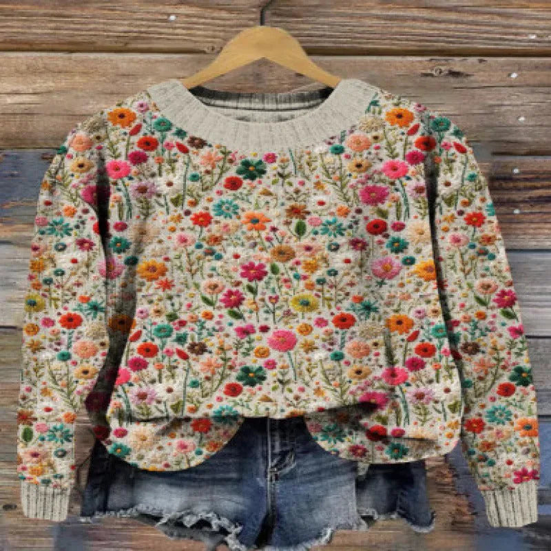 Round neck sweater with digital printed little flower pattern in various colours