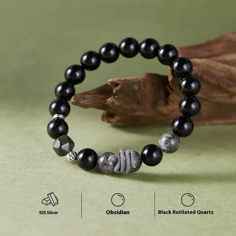 S925 Sterling Silver Bracelet for Men featuring Retro Black Obsidian Crystal Snake Year Design with 10mm Thickness, Ideal Birth Year Gift for Snake Zodiac Animal Sign Style