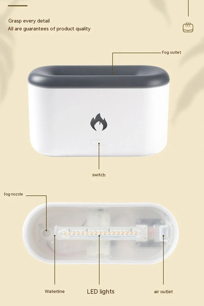 Black and white USB flame aroma diffuser with 300ml water tank for room humidification