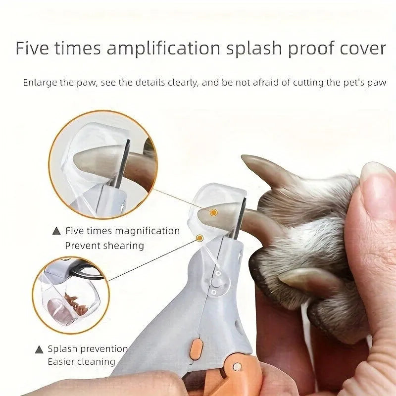 Yellow pet nail trimmer with LED lights, magnifying glass, and comfortable grip for dogs and cats