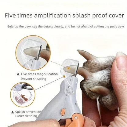 Yellow pet nail trimmer with LED lights, magnifying glass, and comfortable grip for dogs and cats
