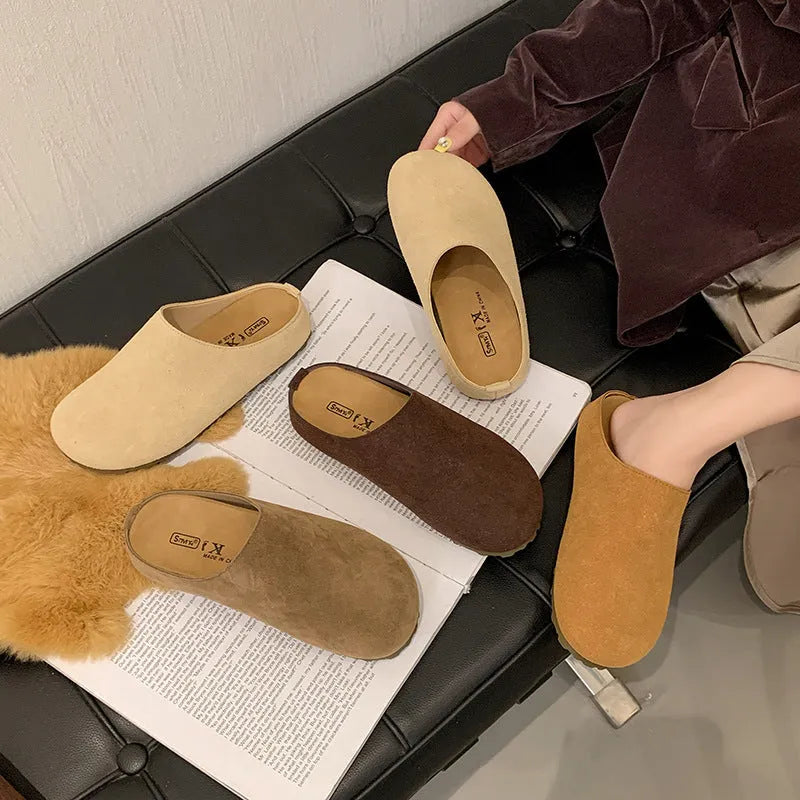 Korean style square-toe summer slippers in soft microfiber, slip-on design with PU sole
