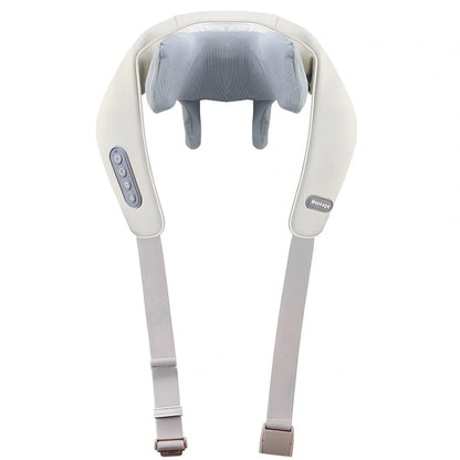 Beige neck massager with 6 vibration caps showing infrared heating function and wireless remote control