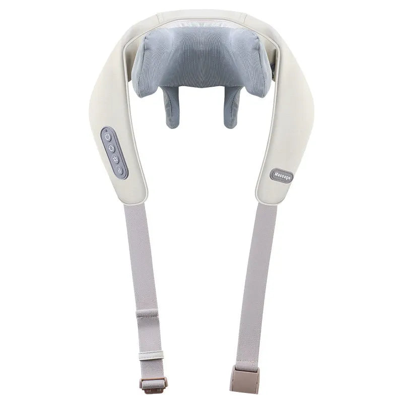 Shoulder and neck massager with hot compress, six vibration caps, three gears, 10 minute timer, PU leather, beige or grey.