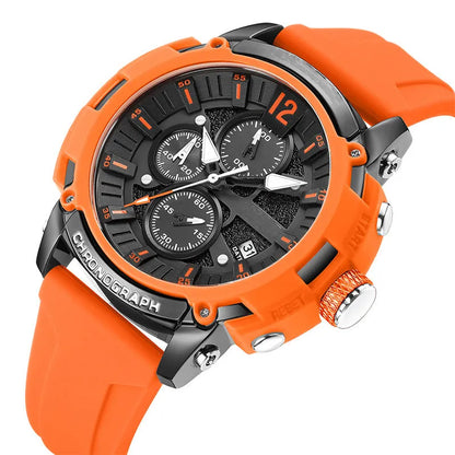 Men's multi-function digital watch with luminous display and calendar on a wrist, showing black colour option.