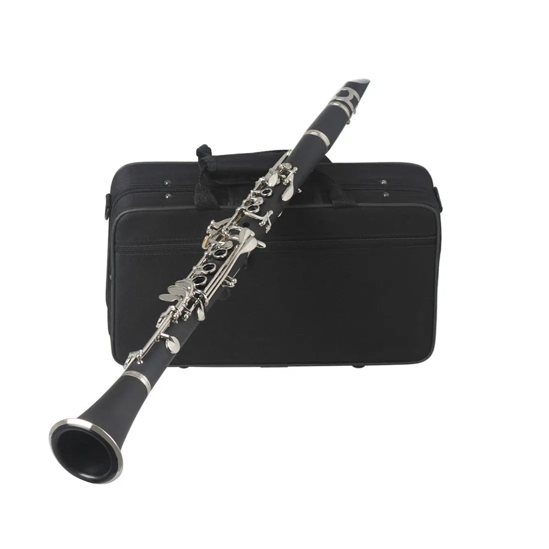 Black Bakelite clarinet with nickel-plated keys, 67cm long, shown with protective bag for beginner musicians