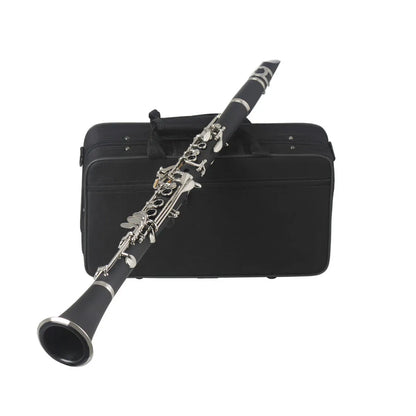 Black Bakelite clarinet with nickel-plated keys, 67cm long, shown with protective bag for beginner musicians