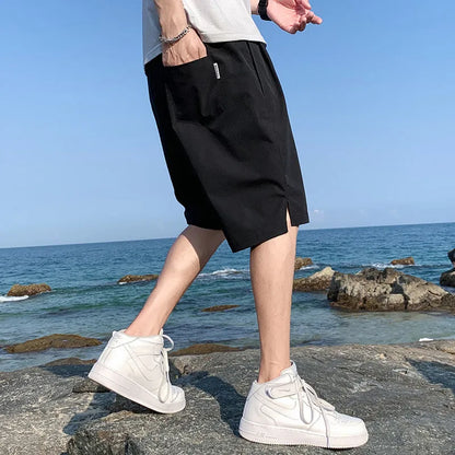 Men's ice silk shorts, thin quick-drying casual pants, mid-waist straight tube, five-quarter length, solid colour