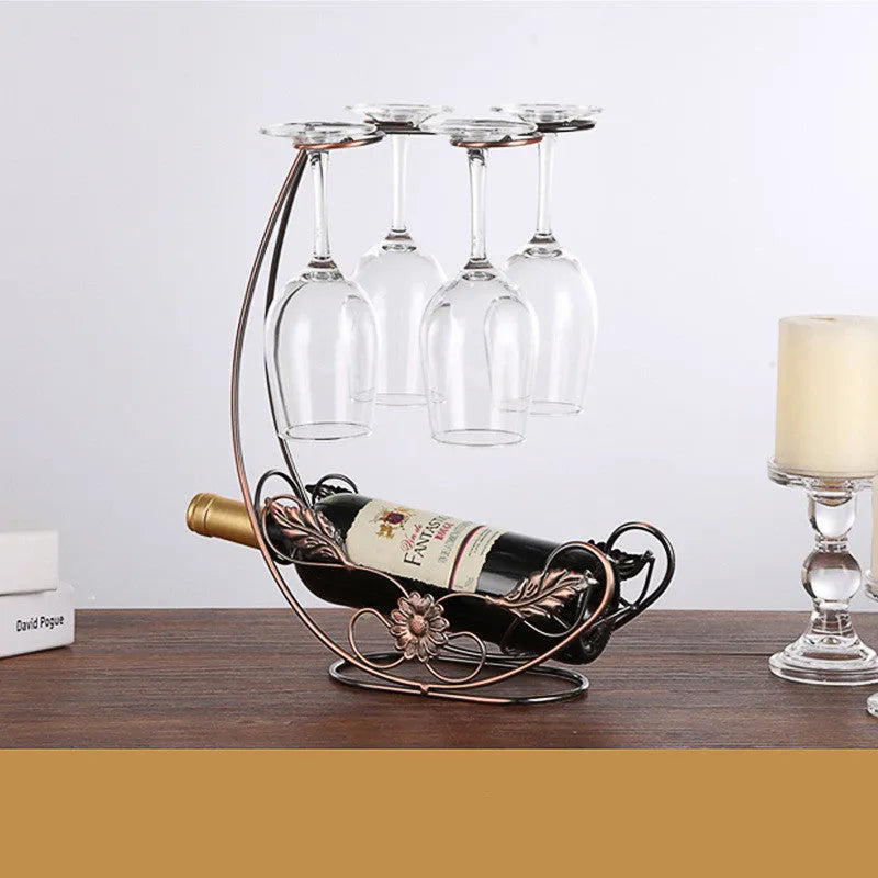 Iron wire wine rack holding four wine glasses, European style, bronze or gold finish.