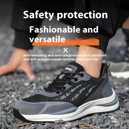 Men's black and grey insulated electrician safety shoes with lace-up closure, showing microfiber leather and mesh upper.
