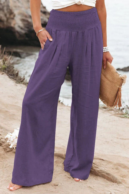 Women's wide leg casual pants in cotton linen blend, available in multiple colors