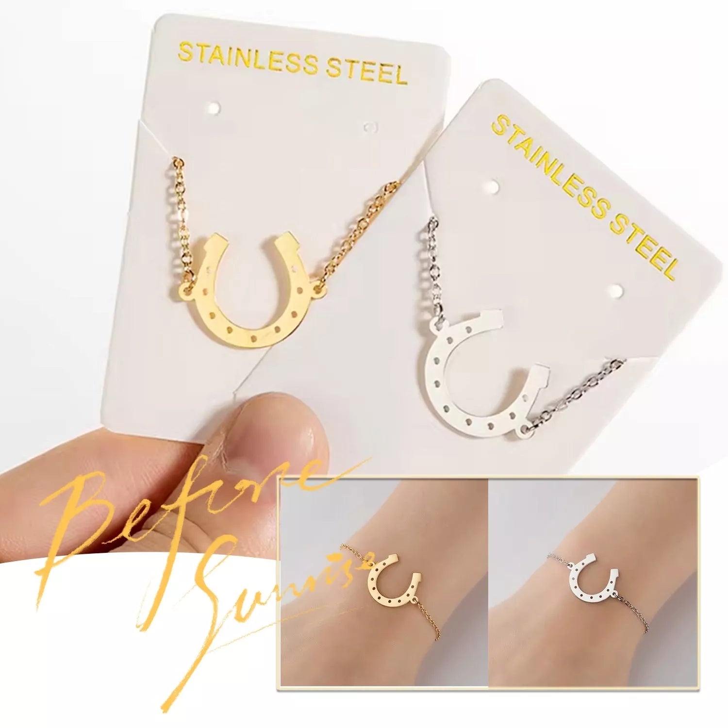 Punk Horse Shoe Chain Bracelet in gold and steel colors, featuring a unique U-shape charm