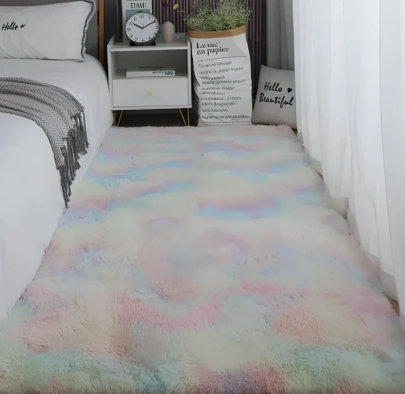 Tie-dyed variegated silk wool carpet floor mat showing organic colour patterns with polyester fibre suede backing