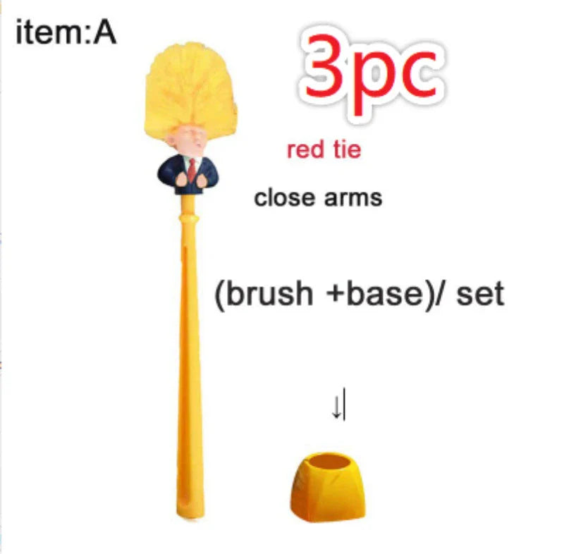 Comical Donald Trump-themed toilet brush made of durable plastic with a bold yellow color and convenient hanging slot
