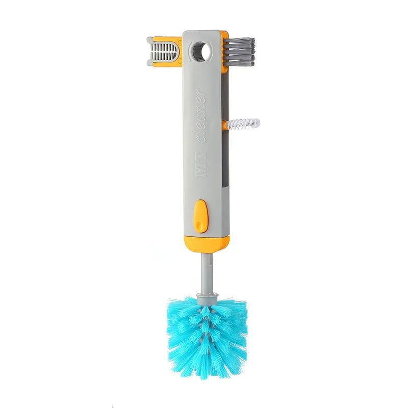 Blue and grey 4-in-1 multifunctional bottle and cup cleaning brush set with silicone, wire, and bristle heads.