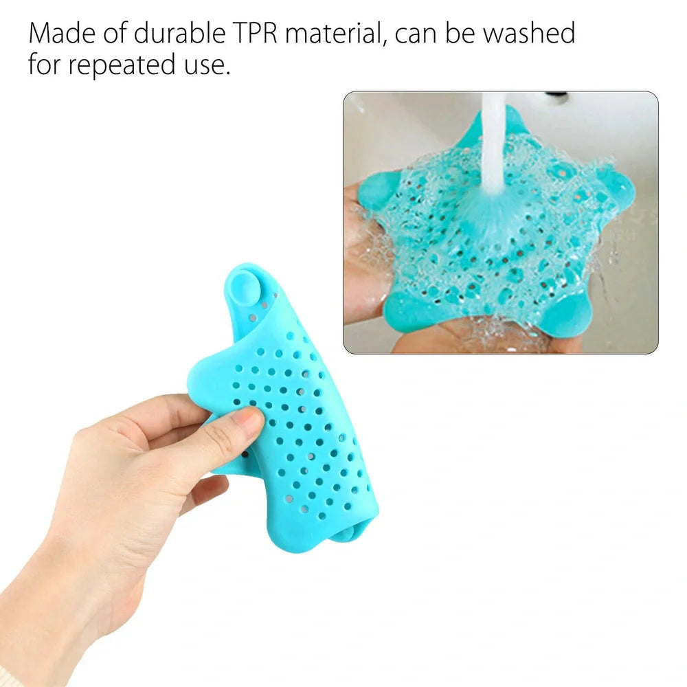 Three starfish-shaped sink drain filters in white, blue and green colours showing suction cups on bottom