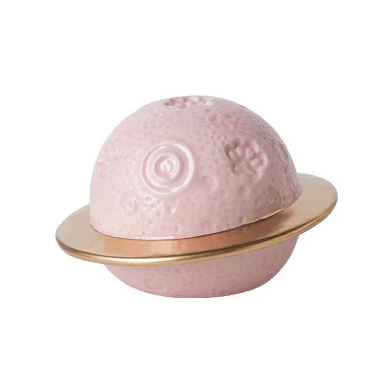 Handmade ceramic cinerary casket with cosmic starry sky design and cat-dog motifs in multiple colours