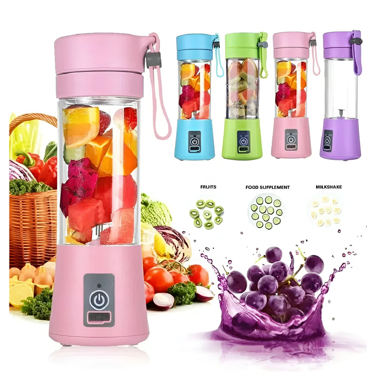 Portable USB rechargeable blender with pink colour option showing cup and six-blade design