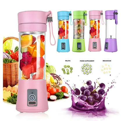 Portable USB rechargeable blender with pink colour option showing cup and six-blade design
