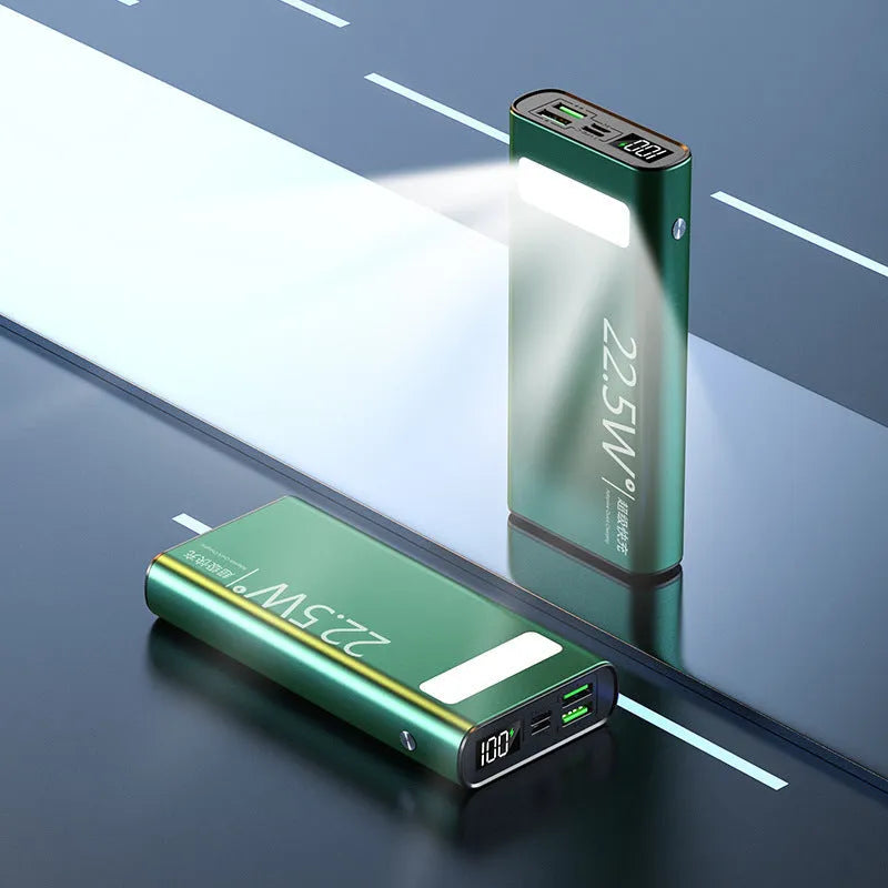 Alloy shell power bank with LCD display showing 22.5W super fast charging and 20000mAh capacity